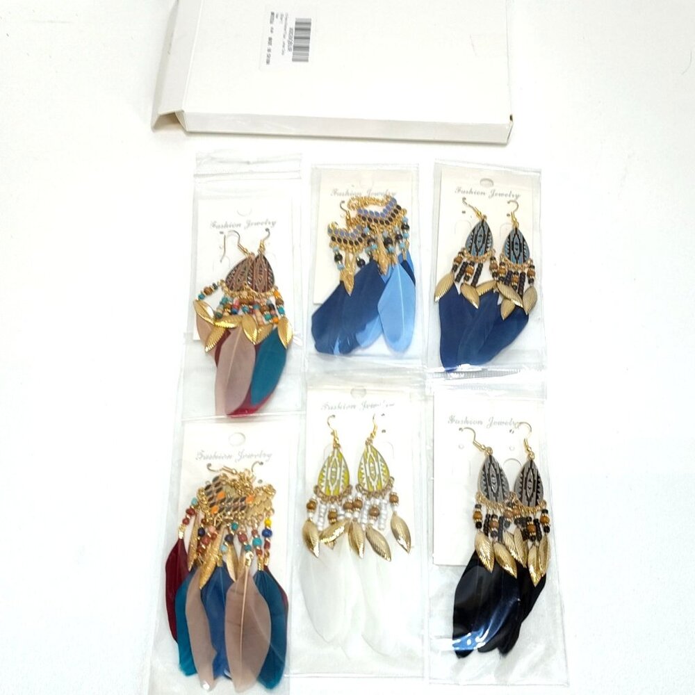 Fashion Jewelry Earrings Ethnic Feather Dangle Style Bohemian 6 Pair MK0556 NIB
